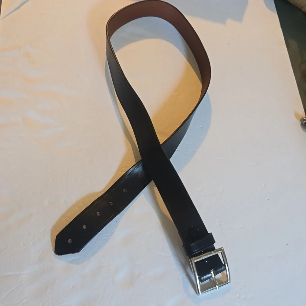 Mens Black Premium leather Belt Silver Square Buckle Minimalist Sz.L/XL